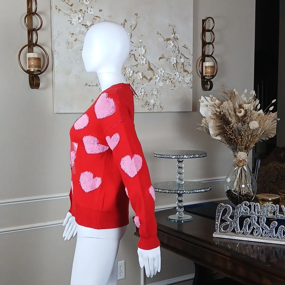 New Red And Pink V-Neck Embellished Cardigan With Heart Shape Buttons. XXS - Picture 12 of 17